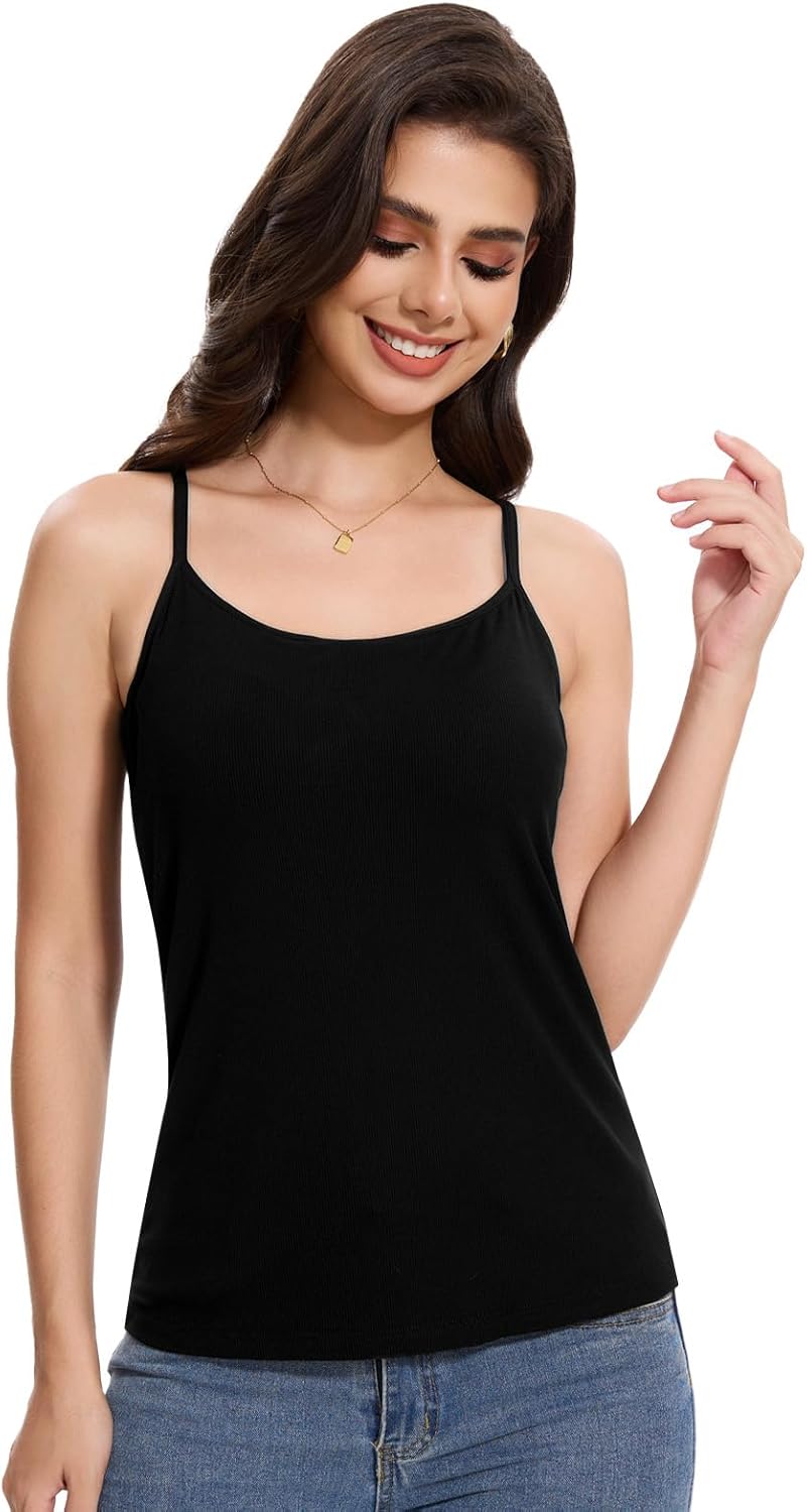 Orrpally Women Ribbed Tank Top Built in Bra Camisole Adjustable Spaghetti Strap Tank Top - Image 2