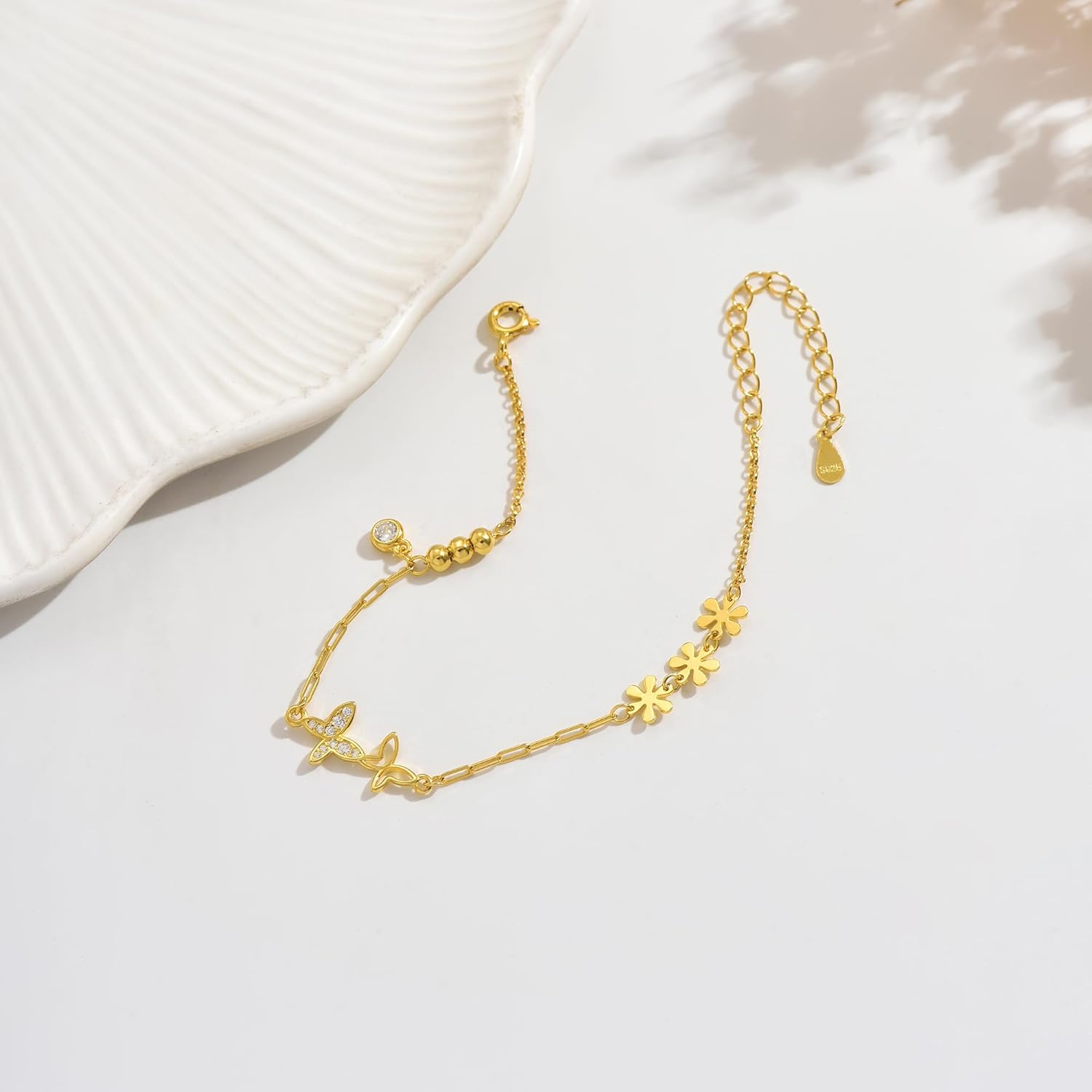 SUYACS Dainty 14k Gold Plated Butterfly Daisy Bracelets for Women 925 Sterling Silver Double Butterfly Flower Link Bracelet with Bead Delicate CZ Charm Chain Jewelry Birthday Gifts to Daughter - Image 6