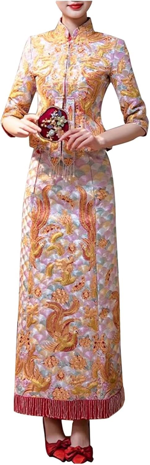 DFrywdgSEY Chinese Wedding Dress, Yellow Chinese Wedding Dress Xiuhe Gorgeous Embroidered Tops Qipao Suit Occasions Such As Marriage Or Engagemen(XXL)