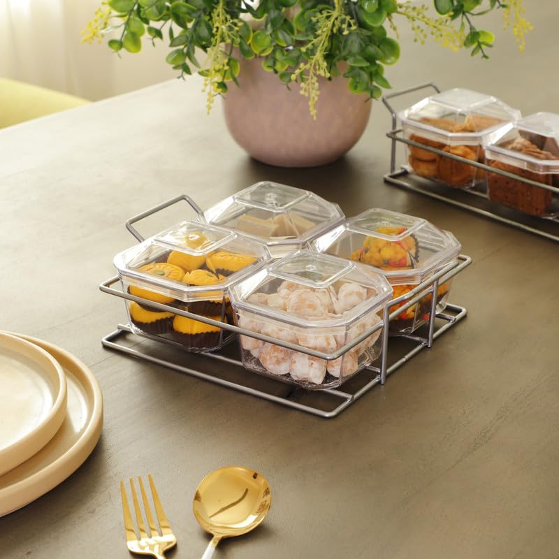 appeasy Nut and Candy Serving Tray, Divided Snack Serving Bowls, Plastic Compartment Appetizer Food Display Dish Platter with Lid-(Silver/4 Plastic Bowl/Metal Frame Tray) 1