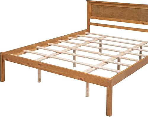Miniatura 20 de P PURLOVE Base de cama de tamaño matrimonial, cama de plataforma de madera maciza con cabecero, no necesita somier, color blanco