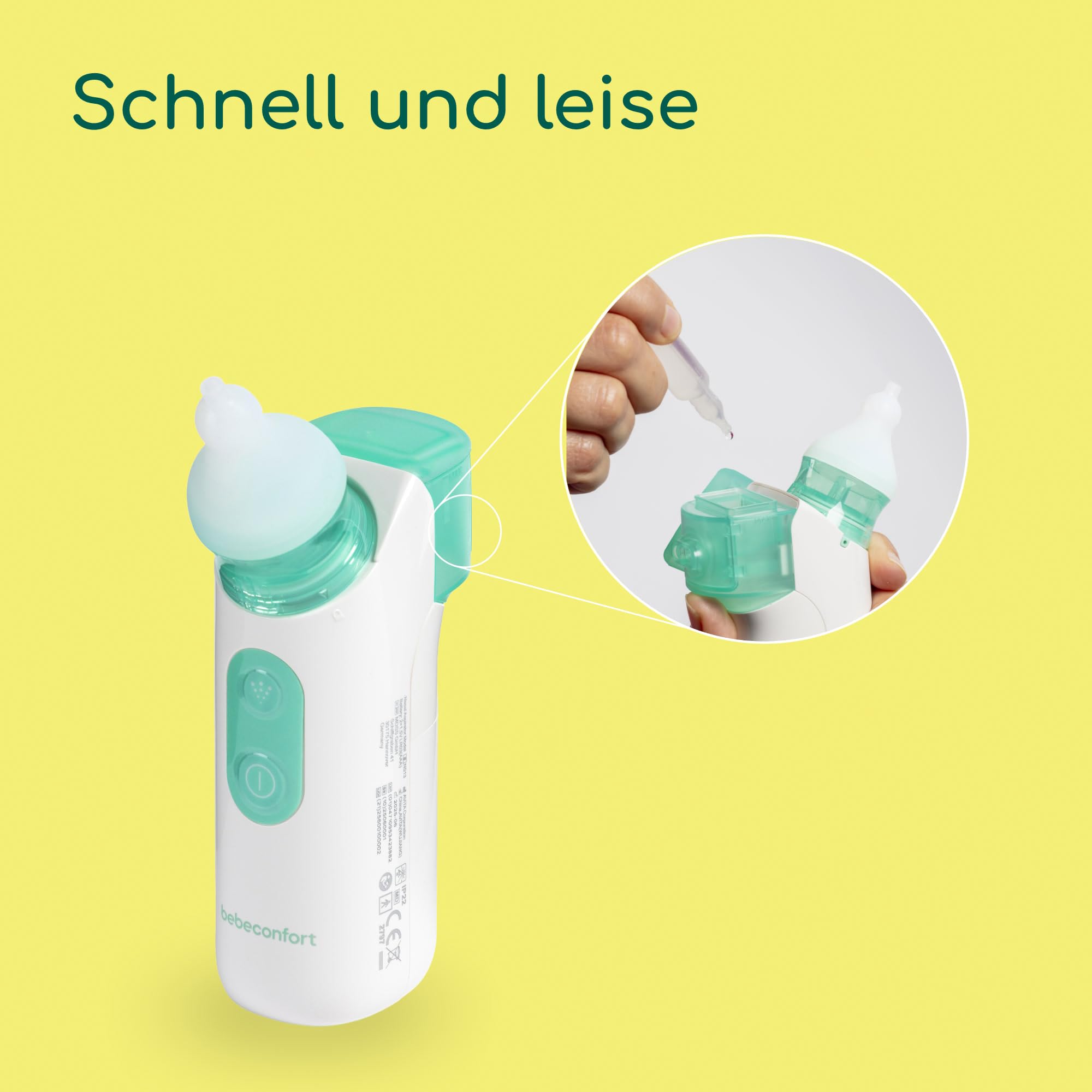 Bebeconfort Nasensauger Baby Elektrisch mit Sprühfunktion, Ab der Geburt, 2-in-1-Spray und Saugfunktion, Schneller, Leiser Baby Nasenreiniger, 2 Abwaschbare Silikonspitzen, Leicht zu Reinigen, Kompakt