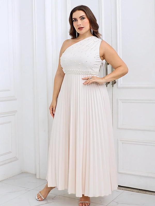 CYCLAMEN Plus Size One Shoulder Maxi Dress Pearl Sleeveless Pleated A Line Dresses Formal Wedding Guest Evening Gowns, Off-White, 2X by CYCLAMEN - Used condition - Image 6