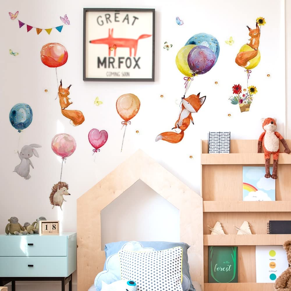 WandSticker4U®- [Acquerello] Adesivi murali bambini animali del bosco PALLONCINI & VOLPE (107x100 cm) I Adesivi da parete animali foresta coniglio giungla I Sticker muro camera da letto bambini bimba