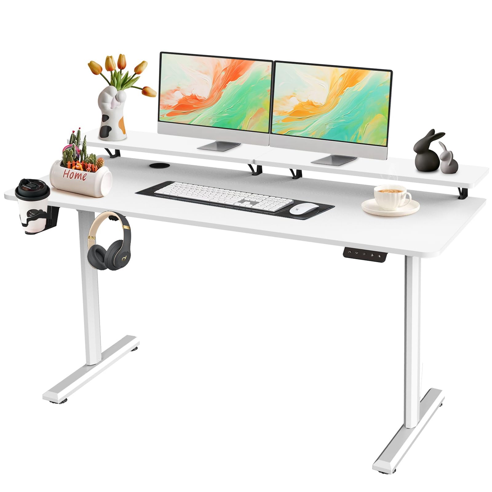 SOSINYA 140x60cm Mesa Escritorio Elevable, Mesa Elevable Escritorio, Mesa Gaming Arce, Dos Soportes para Monitor, Memoria de Altura Ajustable, Adecuado para Estudiar, Trabajar, Jugar