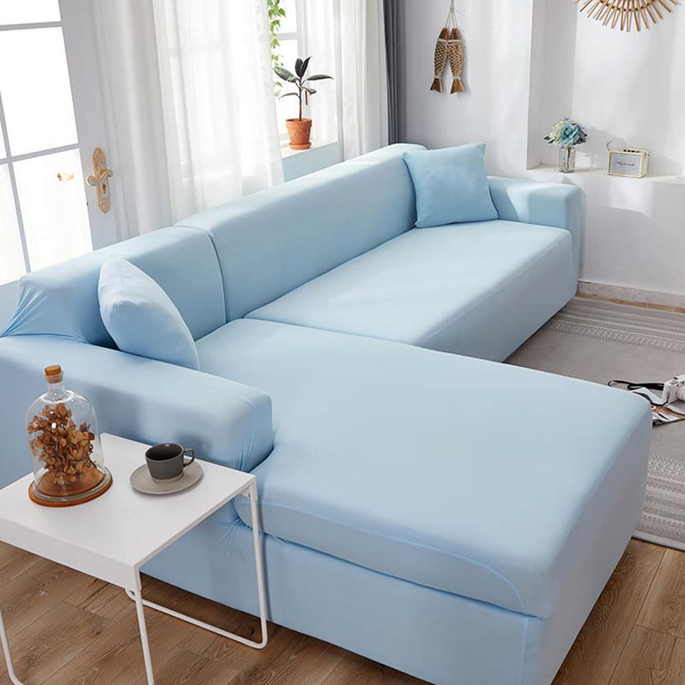 YOPOIY 2 pcs Spandex Non Slip Sectional Couch Cover super Stretch Soft L Shape Sofa Cover with Elastic Bottom for Sectional Sofa Cover -blue-1-3 seater+4 seater