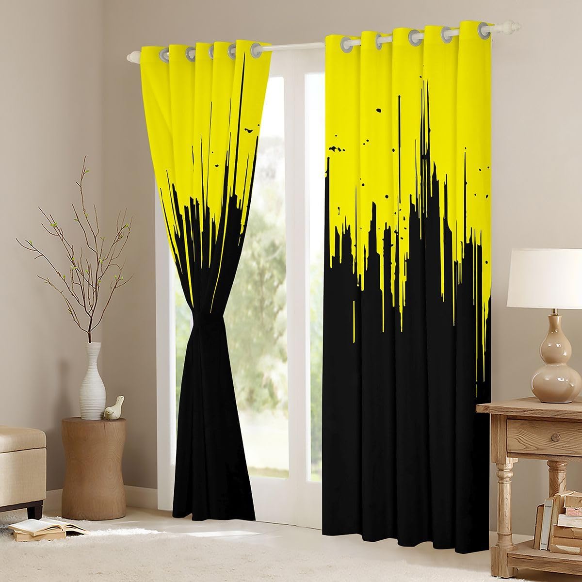 Feelyou Kids Yellow Black Curtains for Bedroom Living Room (2 Panels, 52 x 96 Inch) Ombre Stripes Darkening Dreapes Set Decor Abstract Art Blackout Curtains Modern Design Window Treatments Geometric