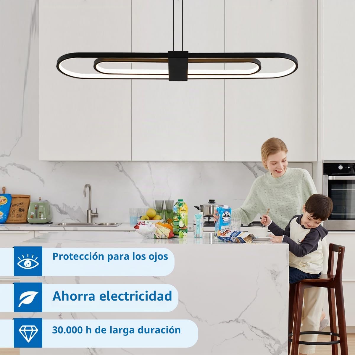 Modernos LED Lampara Colgante Isla Cocina Ovalado,Infinitamente Regulable Doble Anillo DiseñO Candeeiro Teto Suspenso LáMpara ,Altura Ajustable Lineal Lamparas Comedor Colgantes Sala Pasillo Oficina