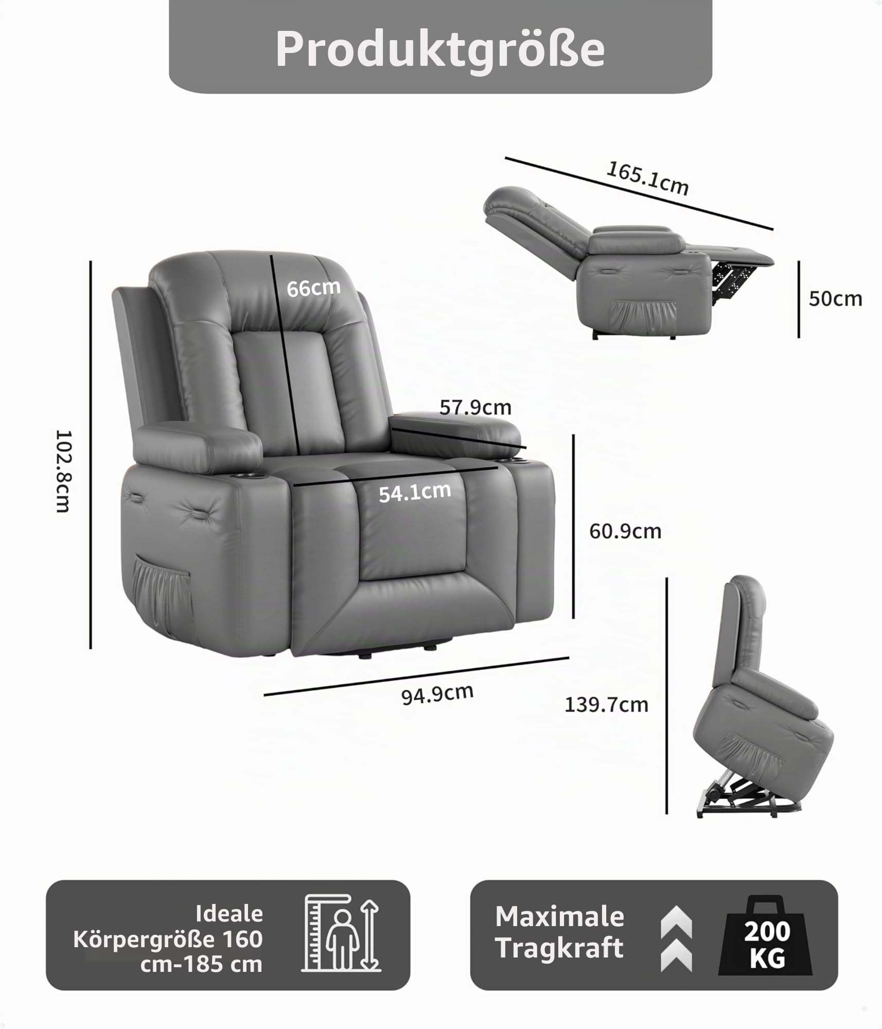 Elektrischer Relax- & Massagesessel mit Aufstehhilfe, Heizung, Liegefunktion und verstellbarer Rückenlehne/Beinauflage – PU-Leder Fernsehsessel für Senioren und Personen mit eingeschränkter Mobilität