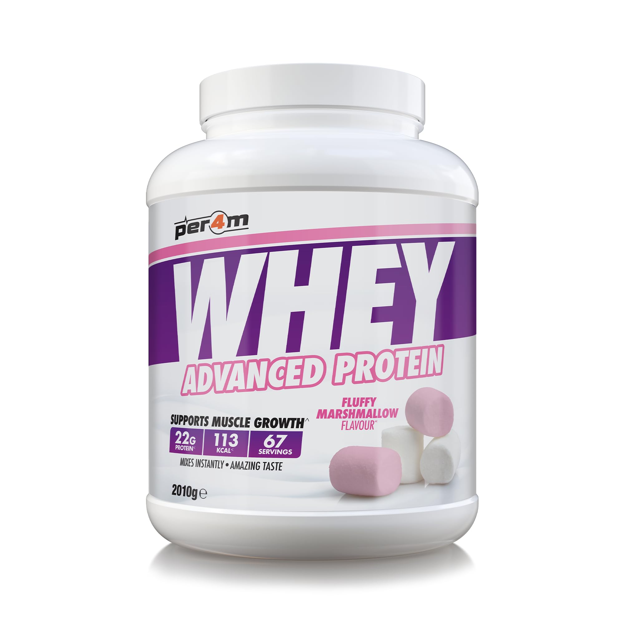 Per4m Whey Protein Powder | High Protein Shake for Muscle Growth & Recovery | Low Sugar Gym Supplement | Sports Nutrition Drink + Amino Acids (2010g, Fluffy Marshmallow)