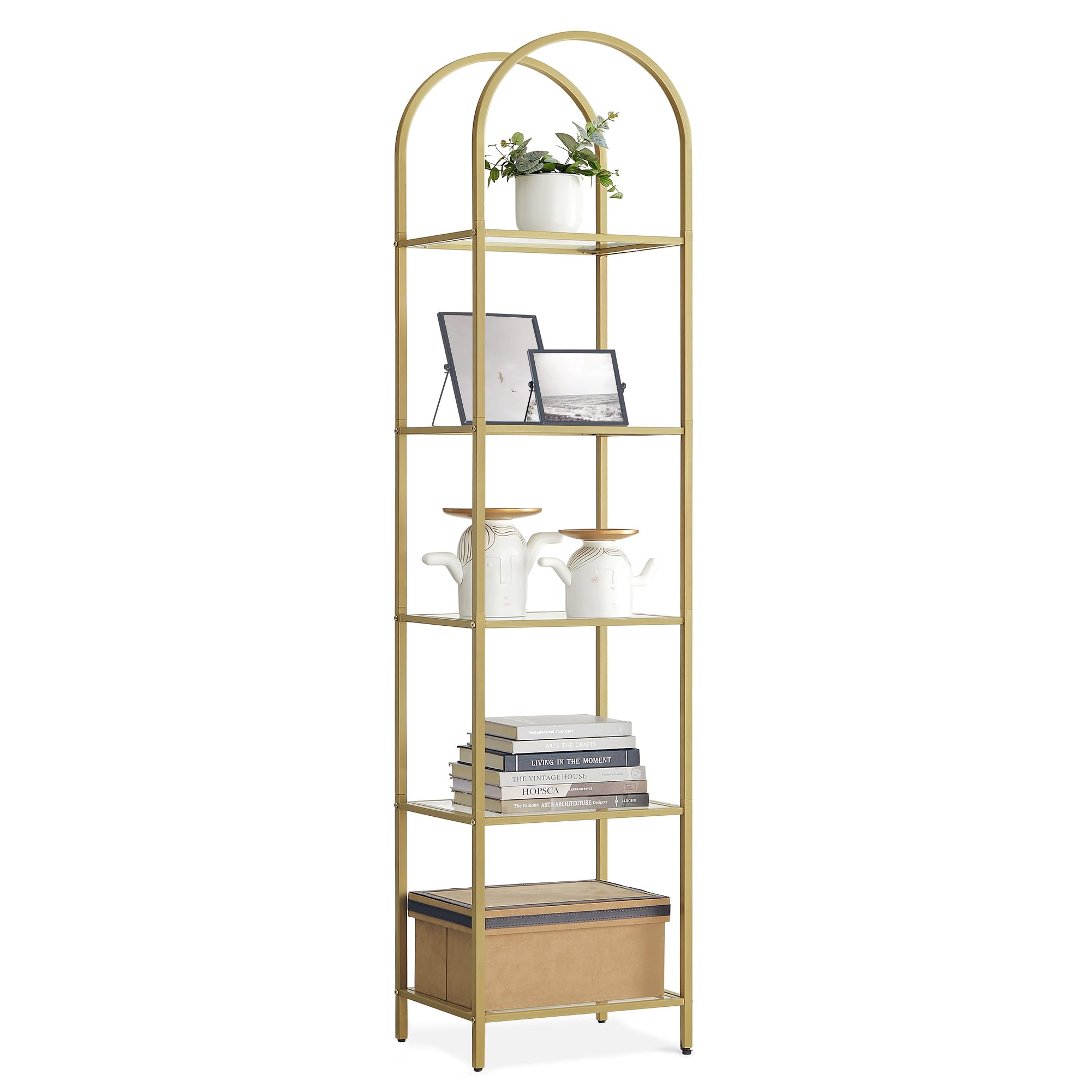 VASAGLE Regal, Bücherregal 5 Ebenen, Standregal aus Hartglas, Aufbewahrungsregal, bogenförmig, Metallstruktur, für Wohnzimmer Schlafzimmer Arbeitszimmer Bad, metallisches Gold-transparent LGT501A01