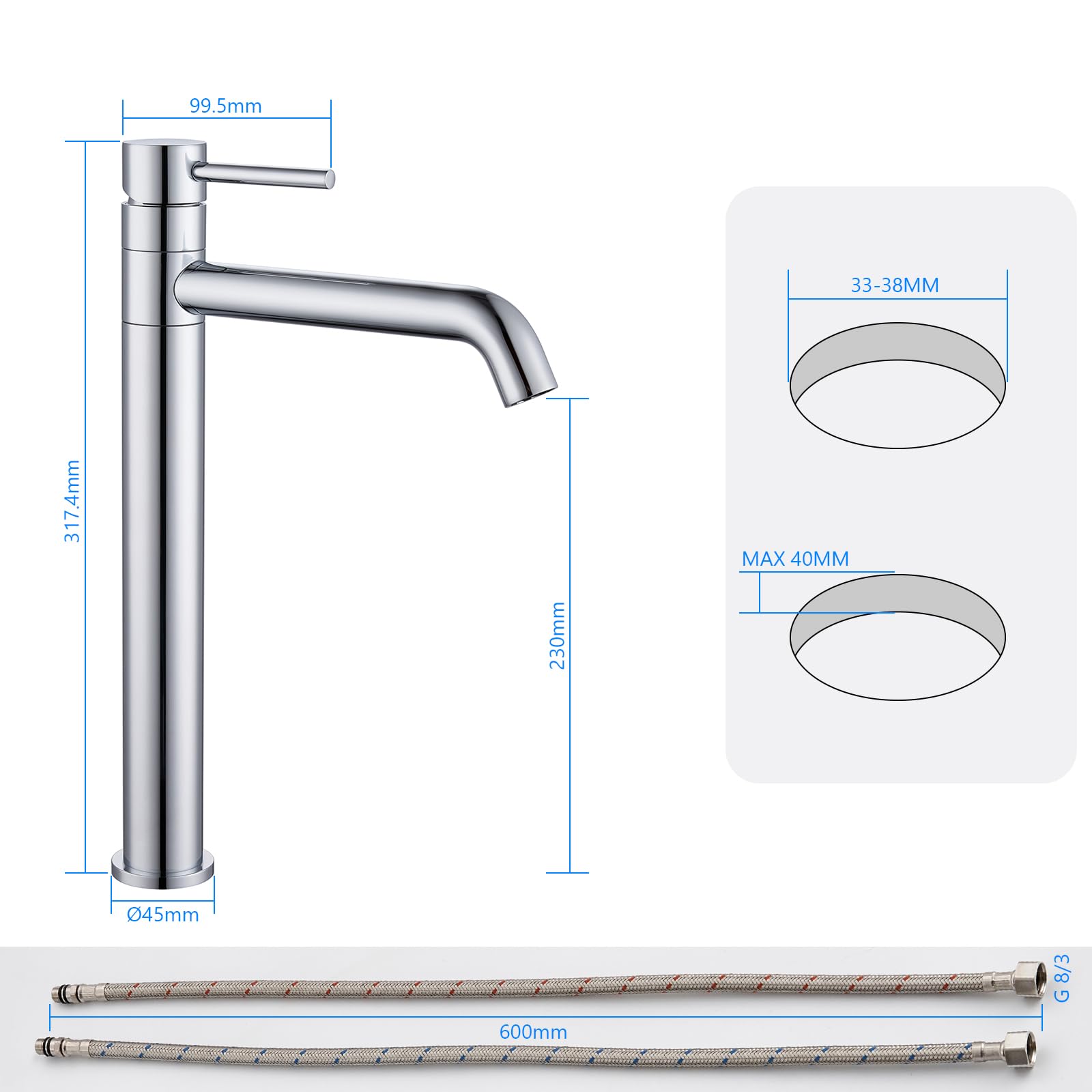 Rubinetto per Lavabo Alto, Rubinetto Bagno con Bocca Girevole a 360°, Miscelatore Monocomando per Lavabo da Appoggio, Rubinetto Bagno Alto, Cromo