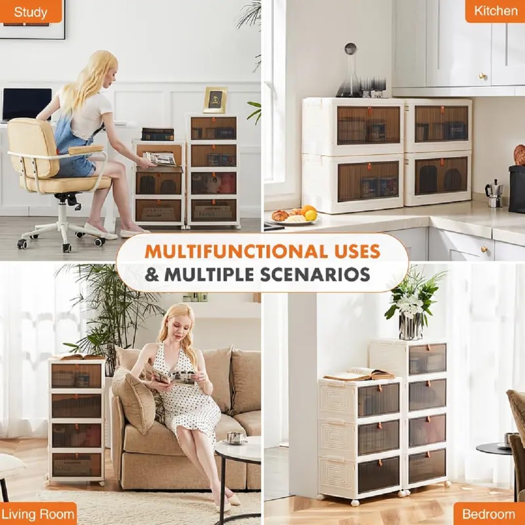 EXVITO Storage Cabinet with Bamboo Sliding Doors, White 4-Tier Drawer Organizer with Wheels, Vertical Closet Storage Unit - White 3