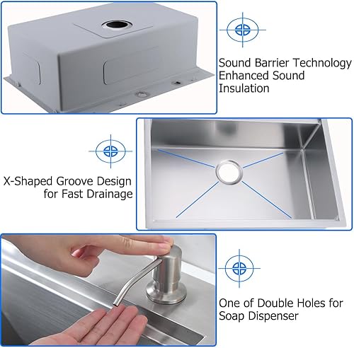 Miniatura 6 de Fregadero de cocina con caída de 33 x 19 pulgadas, fregadero de cocina de acero inoxidable de 33 pulgadas, cuenco individual calibre 16, hecho a