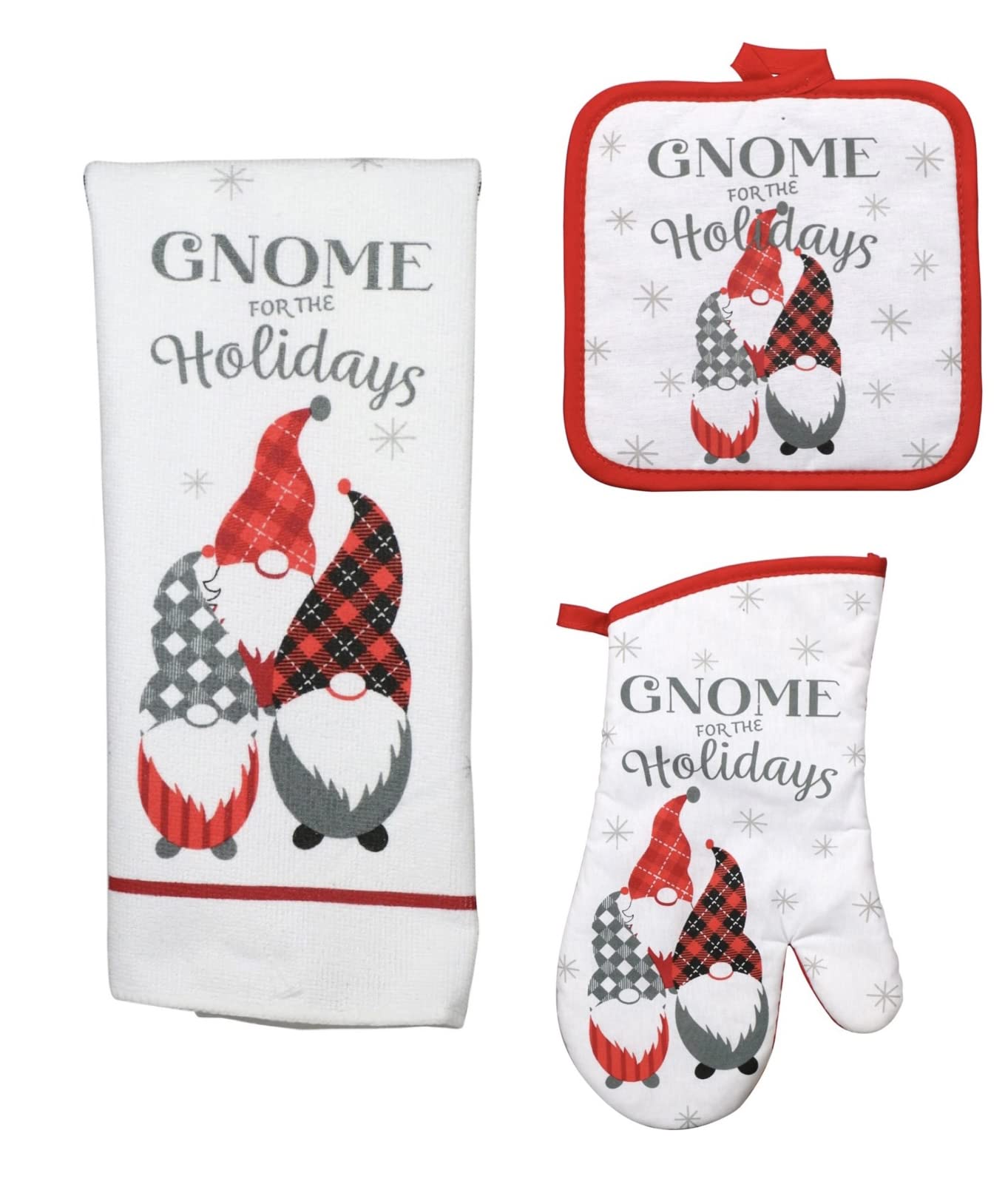 CABE Christmas Kitchen Gnome for The Holidays Towel Set 4pc 2 Pot Holders 1 Towel 1 Mitt Accessories Holiday Decor Red White Gray