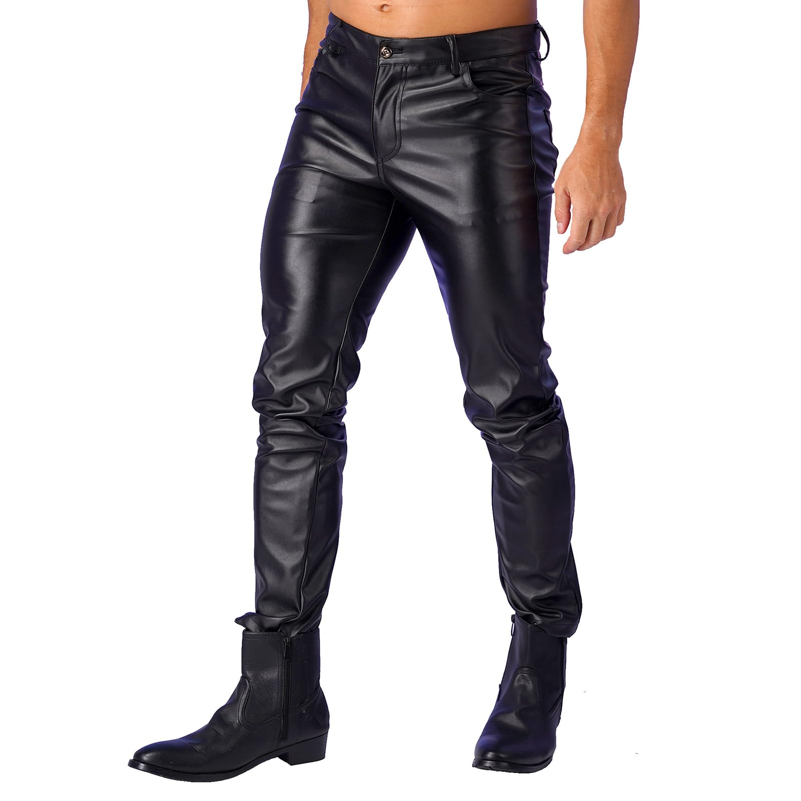 Pantaloni da uomo Wetlook skinny, in pelle laccata, con sacchetto a bulge, elasticizzati, in similpelle, slim fit, taglio dritto, erotici