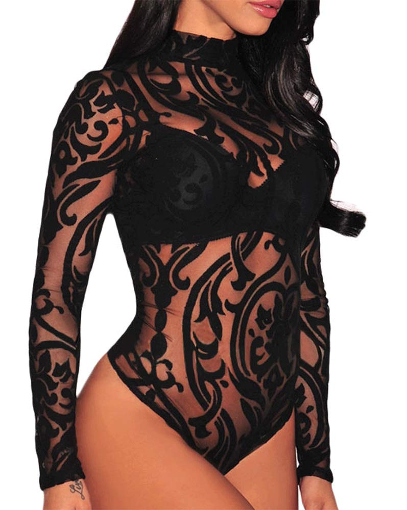 RED DOT BOUTIQUE 650 - Plus Size Sheer Mesh See Through Leotard Rhinestones Long Sleeves Bodysuit