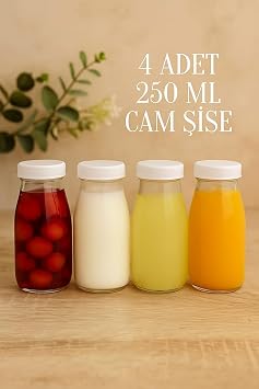 250ML Transparent Jug Milk, Ayran, Water, Lemonade, Soft Drink Bottle Glass Bottle with 4 White Plastic Lids