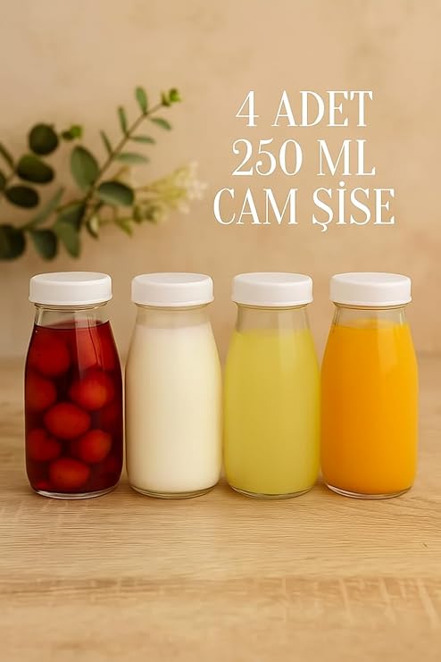 250ML Transparent Jug Milk, Ayran, Water, Lemonade, Soft Drink Bottle Glass Bottle with 4 White Plastic Lids