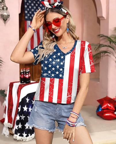 Women's 4Th Of July American Flag Short Sleeve T Shirts Casual Striped Stars Top Patriotic L #TOP3