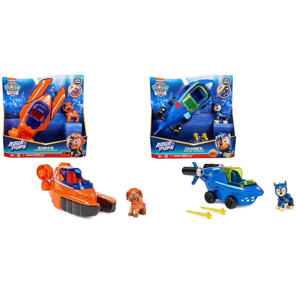 PAW PATROL, Aqua Pups - Basis Fahrzeug Spielzeugauto im Hummer-Design & Aqua Pups - Basis Fahrzeug Spielzeugauto im Hai-Design mit Chase Welpenfigur, Spielzeug geeignet für Kinder ab 3 Jahren