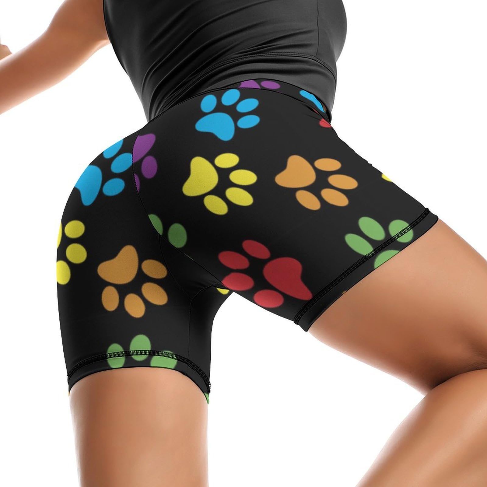 Colorful Doodle Dog Paws High Waist Yoga Shorts for Women Athletic Shorts Leggings Running Pants