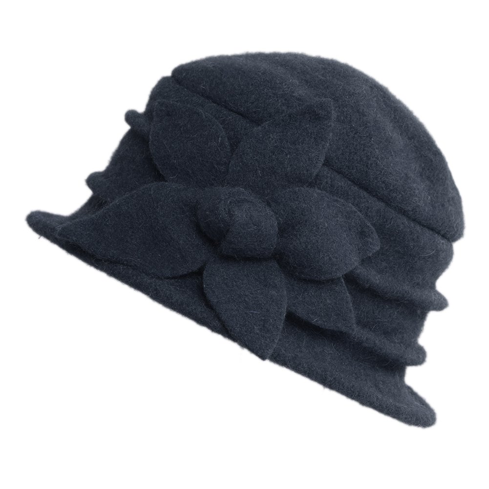 CHIC-CHIC Ladies Vintage Elegant Wool Cloche Bucket Hat Winter Warm Flower Brim Cap (Navy Blue)