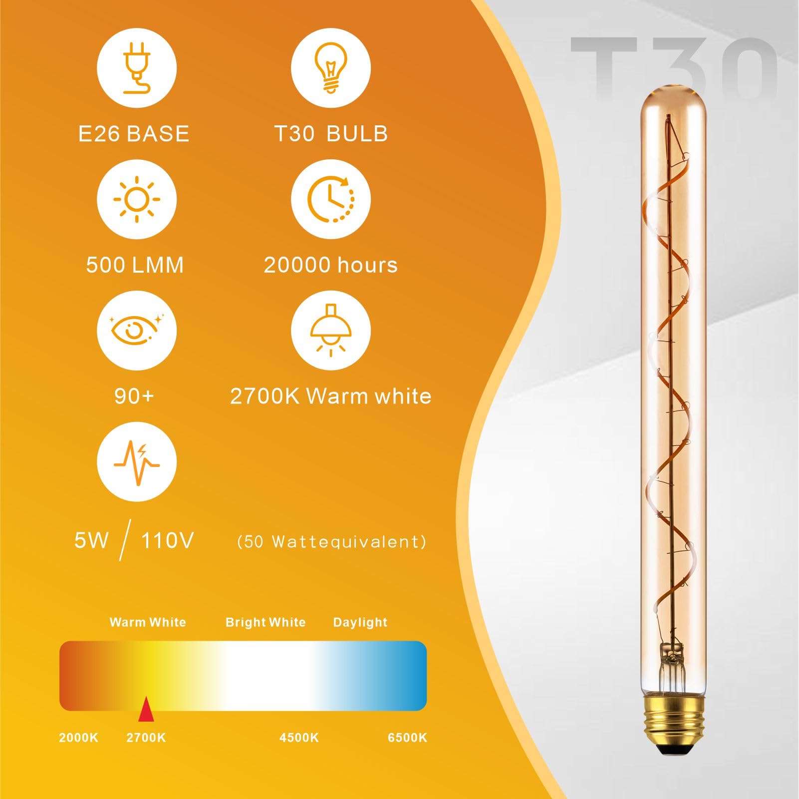 11 8 Inch Long Tubular Light Bulb Dimmable LED Edison Light Bulbs 5W T30 Vintage LED Bulbs 2700K — view 2