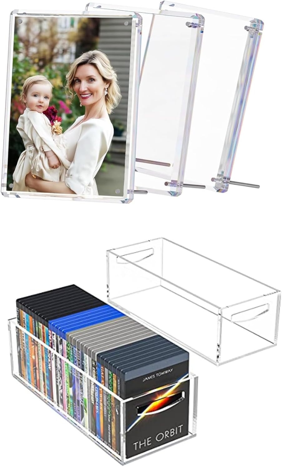 AITEE DVD/CD Storage Box 2 Packs and 4x6 Acrylic Picture Frame: 3 Pack Clear Picture Frames with Magnetic Stand