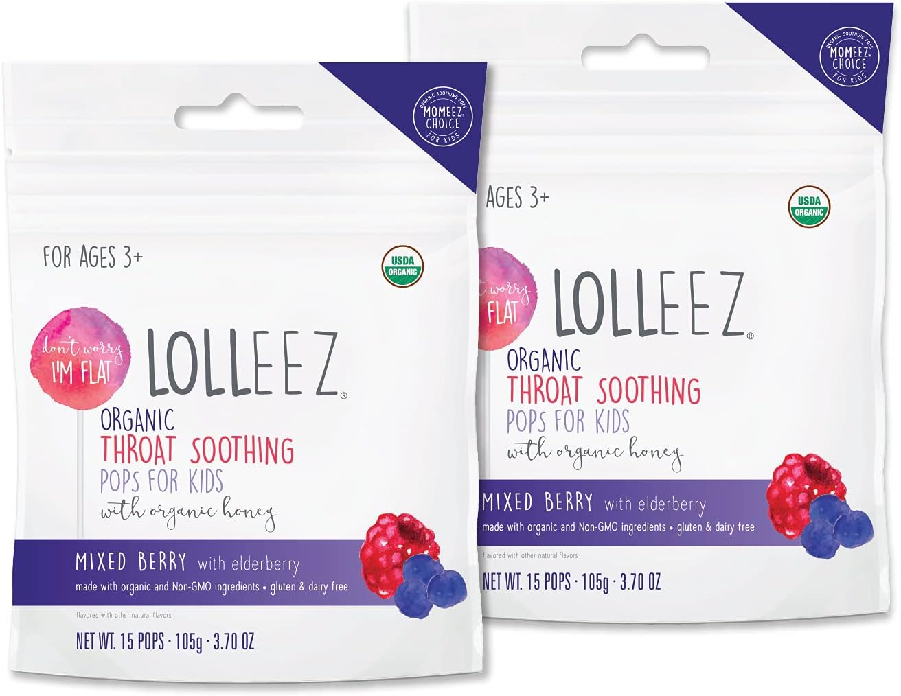 Lolleez Organic Lollipops for Sore Throat Relief – Perfect for Soothing A Sore Throat While Tasting Great – Mixed Berry with Elderberry, 2-Pack (15-Count Bags, 30 Total)