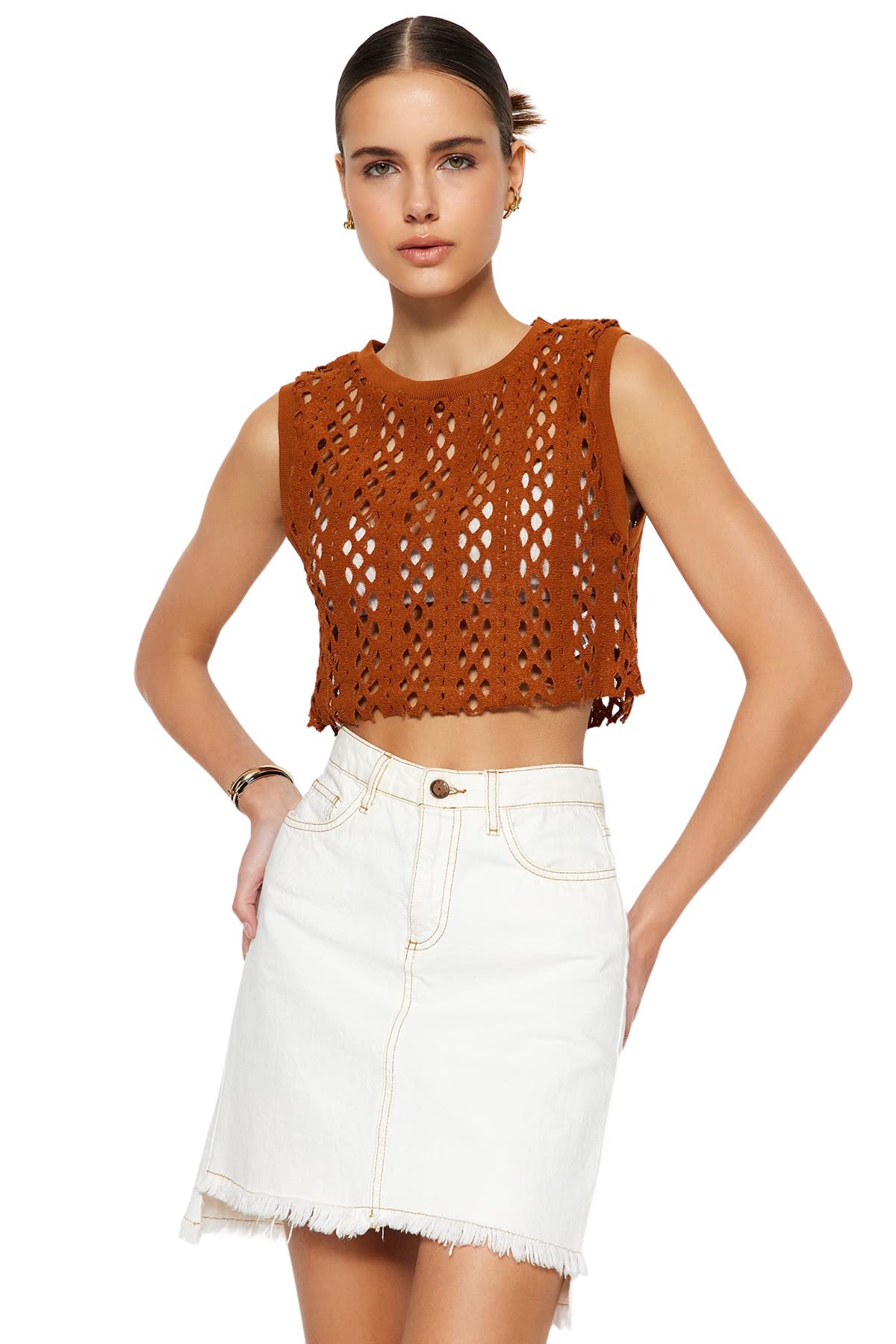 Trendyol Women Regular fit Basic Crew Neck Knitwear Blouse,Cinnamon,S