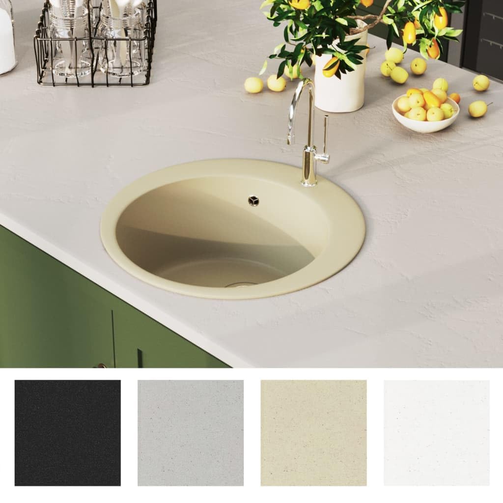 Fregadero de granito redondo beige de 80% cuarzo y 20% resina, 505 x 505 x 290 mm, con cesta colador, resistente al calor y a los arañazos