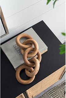 100% Teak Wood Decorative 5 Link Chain Sculpture, Natural Brown, Modern Minimalist, 19.5” x 4.5”, Round Circle Design, for All Styles, Mantel, Coffee Table, Bookshelf, Home and Office