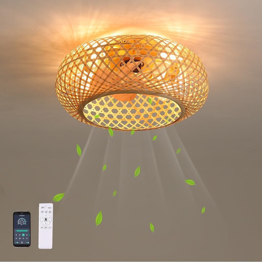 SYAXVOM E27 Ceiling Light with Fan Boho Rattan Vintage Bamboo Style Farmhouse Lighting Hand-Woven Lampshade Chandeliers Lamp Remote Control 50CM Pendant Bedroom Dining Room