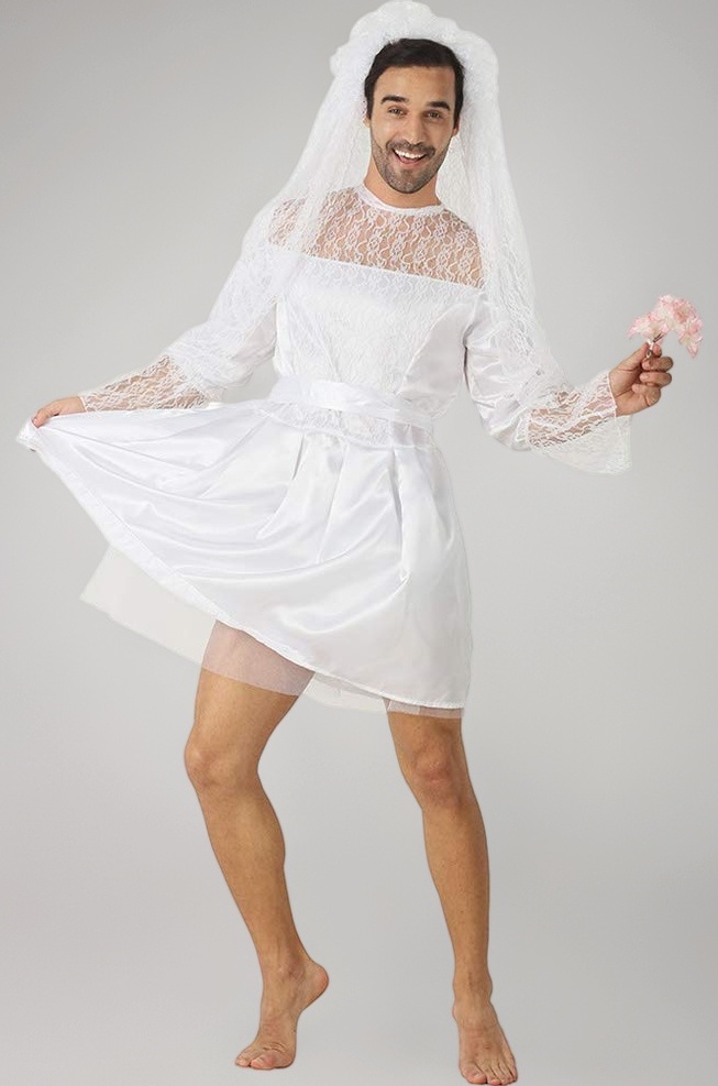 Men S Dress Funny Male White Bride Costume Funny Novelty Fancy Dress Stag Do Hen Night Party Outift (One Size, White) - Polyester