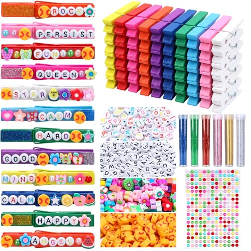 Qunclay 100 Set Softball Spirit Pins Cheer Pins Craft Kit Colored Wooden Clothes Clips with Softball Charms Letter Clay Beads Bottles Glitter and Pearl Sticker for Sport Team Gifts Party Decor