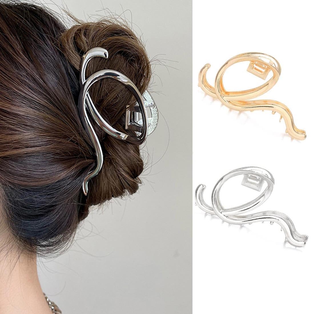 Cubahop 2PCS Metal Hair Claw Clips Barrettes Musical Note Pearl Irregular Large Shark Clamp Gold Silver Wave Non-Slip Hair Styling Accessories for Women (Color B