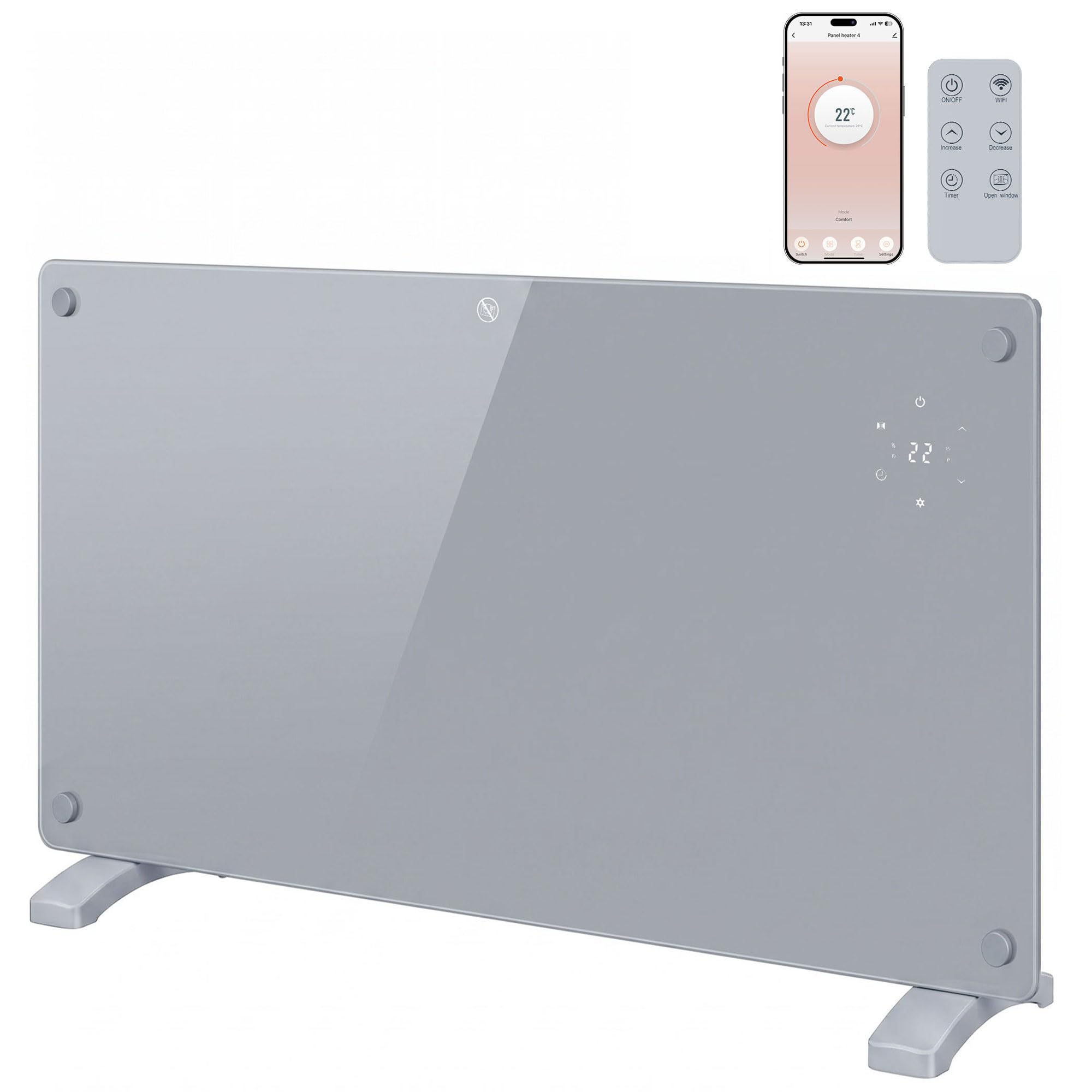 HOMCOM 1500W Smart Glass Panel Heater Wall Mounted & Freestanding, Grey