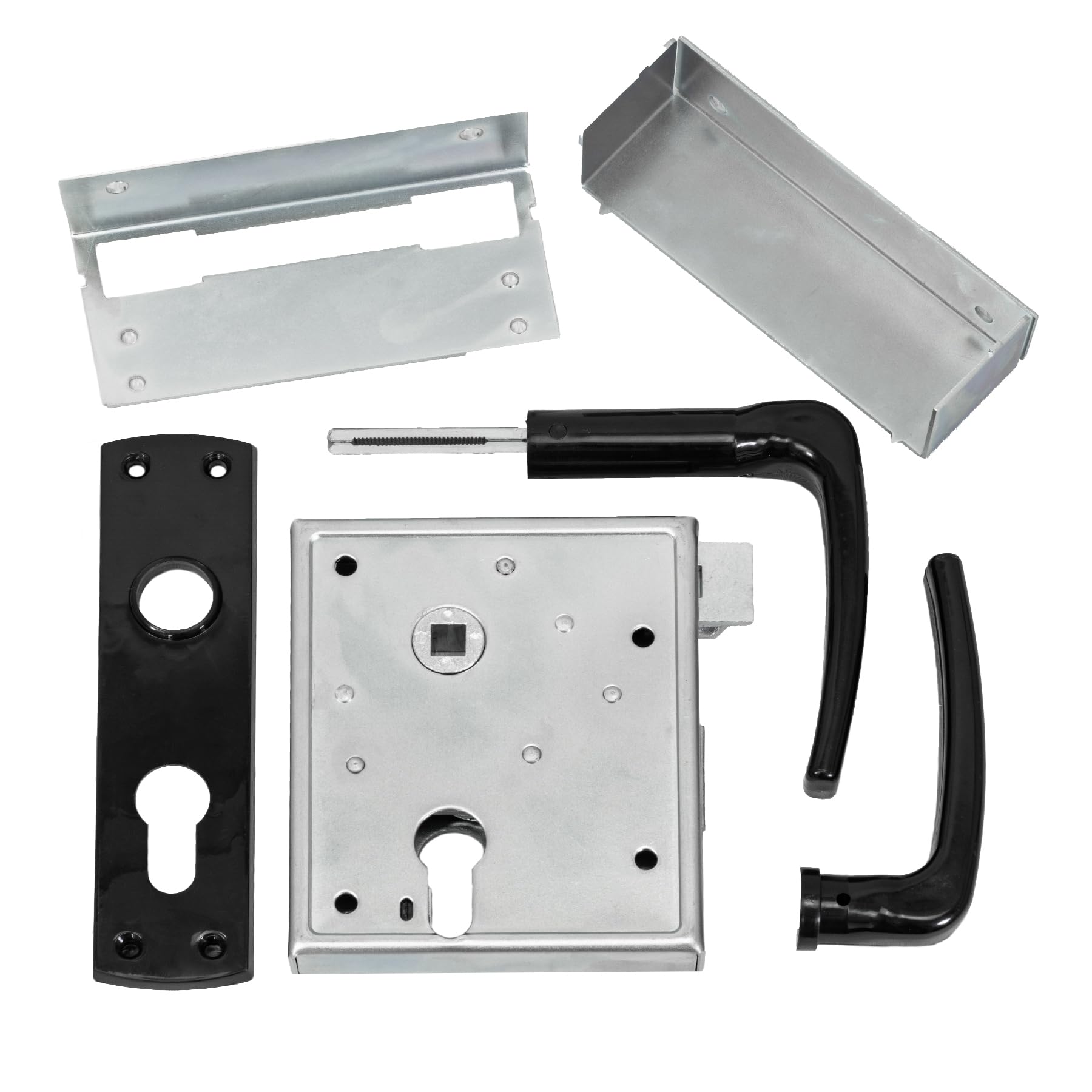 INTRA-TEC Kastenschloss für Profilzylinder – für Gartentore & Kellertüren, Dorn 60 mm, Entfernung 55 mm, DIN L/R, verzinkt, schließende Falle, zweitourig mit Drücker und Schild, Edelstahlstulpe