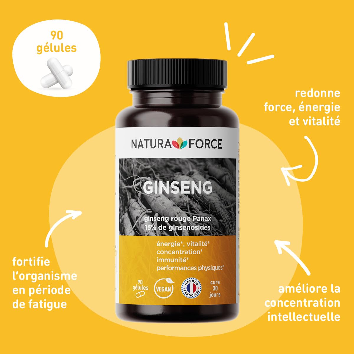 Ginseng Rouge Bio de Corée en Gélules Végétales - Naturel & Titré à 15% de Ginsénosides - Aide à Réduire la Fatigue - Tonus & Concentration - Analysé et Conditionné en France - 3 x 90 Gélules