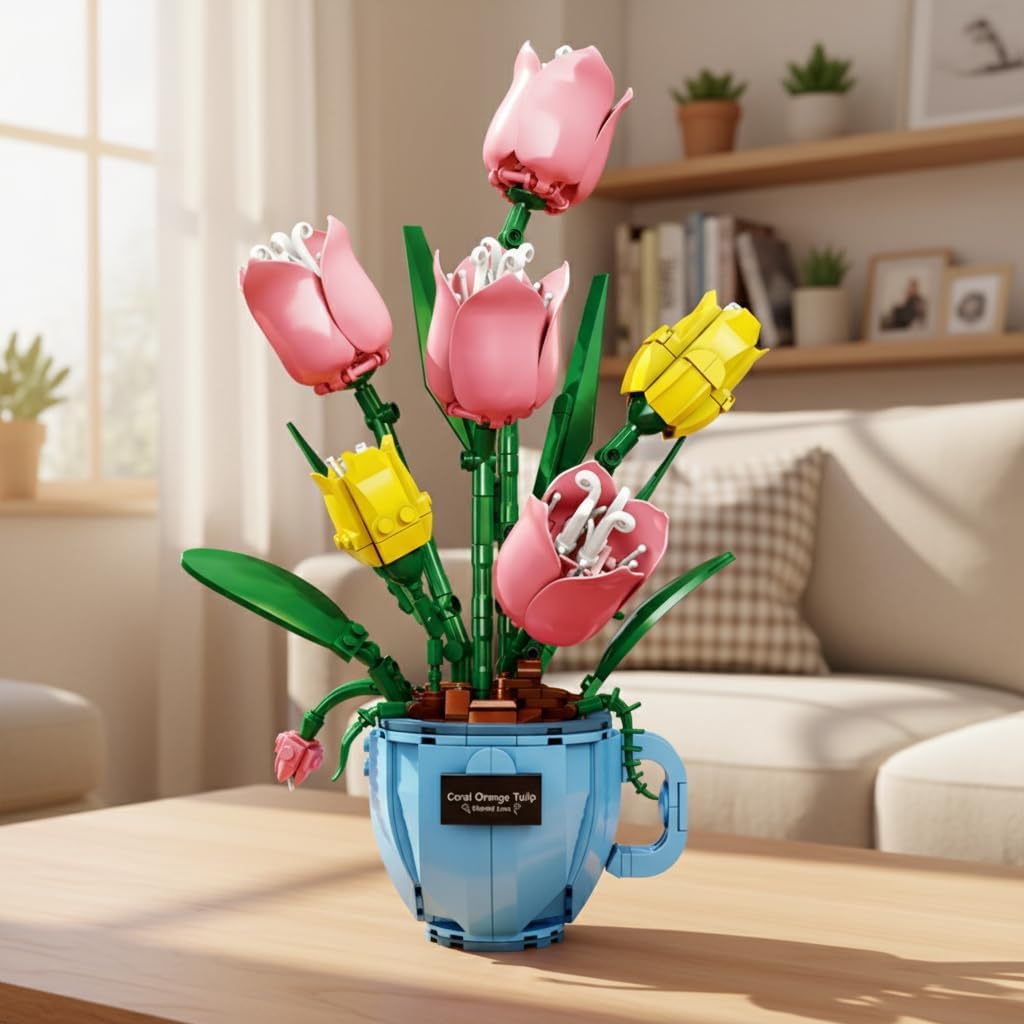 Ideas Flower Tulip Building Sets, 551 PCS Flower Building Blocks, Coffee Cup Botanical Collection Plant Building Kit, Home and Office Decor Gift for Adults Kids Ages 8+
