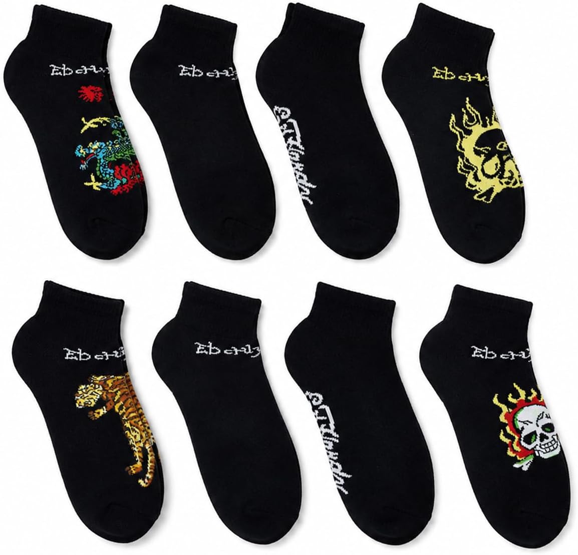 ED HARDY 8-Pairs Men's Tattoo Print Fashion Full Cushion Quarter Socks
