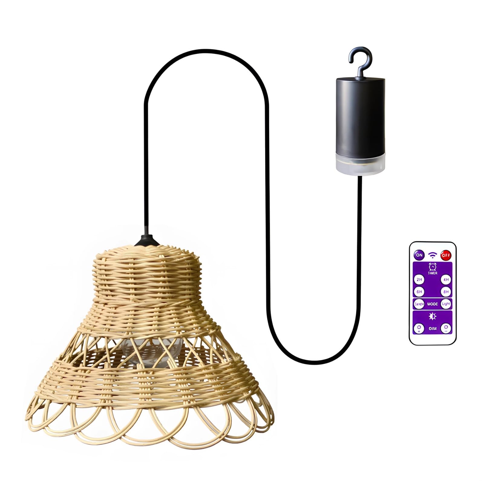 Rattan abażur zewnętrzny żyrandol, zasilany bateriami z pilotem, czeska tkana bezprzewodowa lampa wisząca na patio, werandę, do salonu