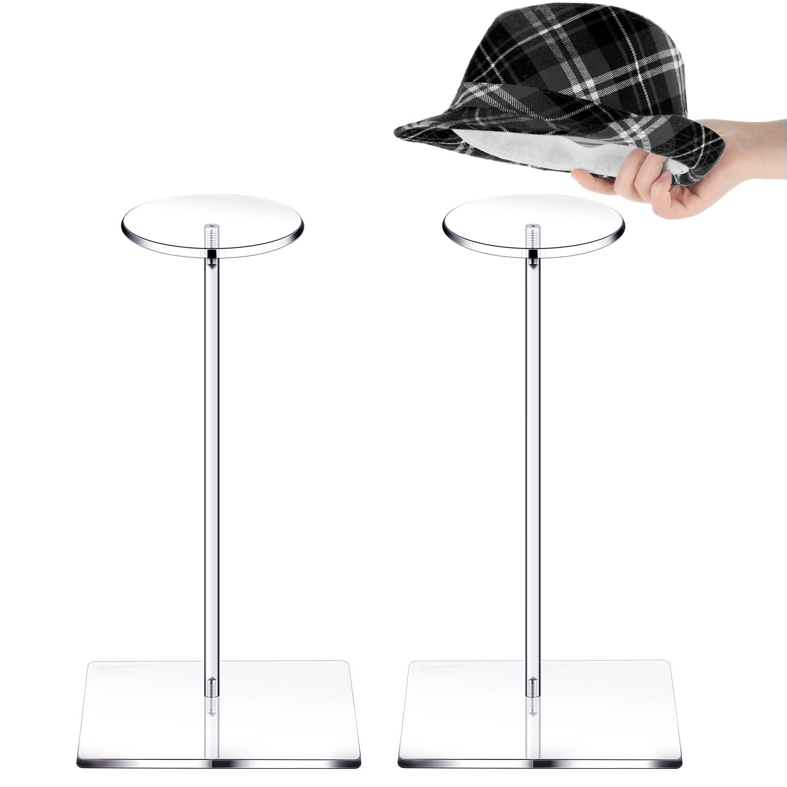 MAKINGTEC 2 Set Clear Acrylic Hat Stand and Wig Display Rack, Hat Stands for Display, Clear Round Riser Stands for Wig Hat Display, Riser Wig Display Holder for Hat Watch 12", Square Bottom