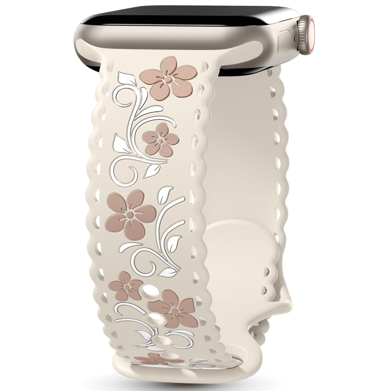 Getino Floral Band Compatible with Apple Watch Bands For Women 40mm 42mm 41mm 38mm 44mm 45mm 46mm 49mm, Cute Engraved Flower Soft Comfortable Silicone Strap for iWatch Series 11 10 9 8 7 6 5 4 3-1 SE