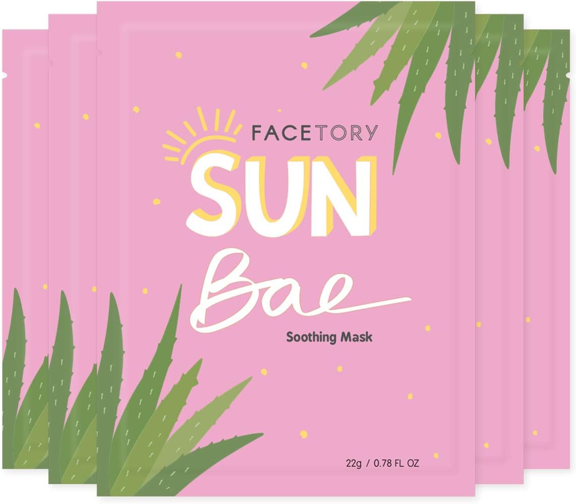 FACETORY K Beauty Face Mask Skin Care - SUN BAE SOOTHING Sheet Mask with Aloe & Shea Butter | After Sun Care, Soothe & Restore (5 Pack)