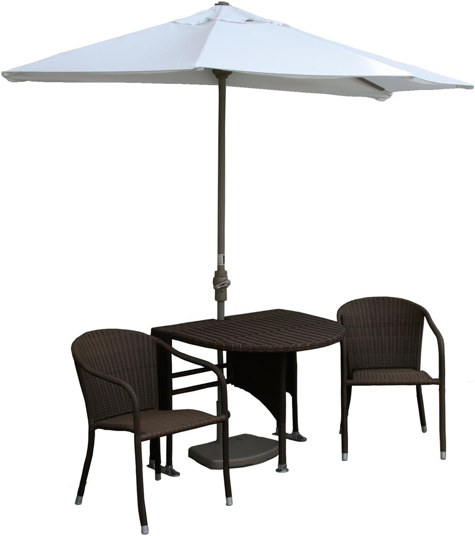 Blue Star Group Terrace Mates Adena All-Weather Wicker Java Color Table Set w/ 7.5'-Wide OFF-THE-WALL BRELLA - Natural Olefin Canopy