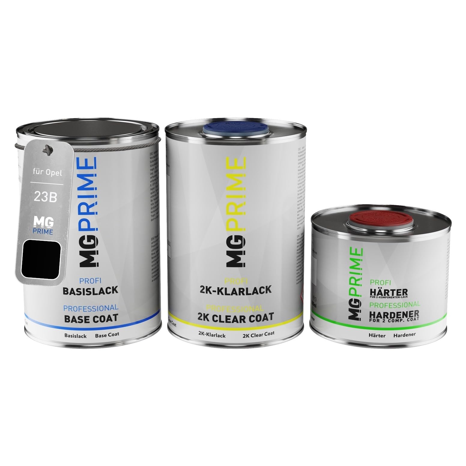 MG PRIME Autolack Dosen Set für Opel 23B / GBA Black Gloss 4 2,5L | Hochglanz Schwarz, Set aus Basislack + 2K Klarlack + Härter, Literware, spritzfertig