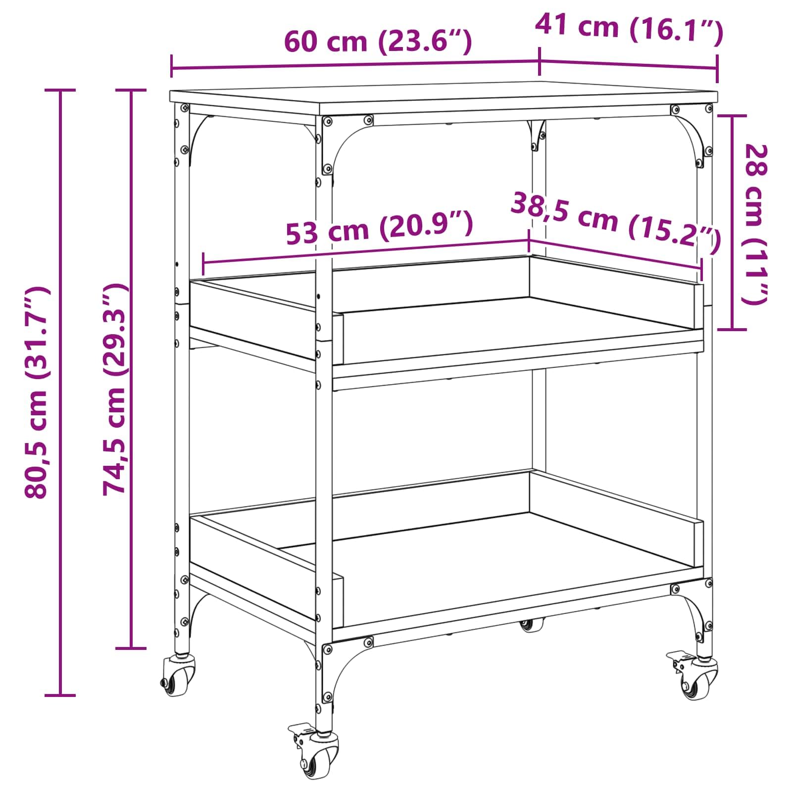 vidaXL Carro de Cocina Roble Negro 60 x 41 x 80.5 cm, Carro de Cocina Resistente, Carrito Industrial, estación de Servicio móvil, útil Organizador de Alimentos