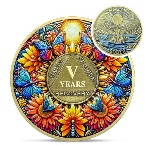 Image of Delicate Sunflower 5 Year Sobriety Coin - Five Year Recovery Butterfly AA Coins - One Day at A Time NA HA AA Chips and Medallions - 1-40 Years Living Clean Alcoholics Anonymous Gifts for Men Women